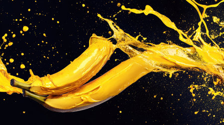 A captivating image featuring juicy bananas creating a vibrant splash of yellow liquid against a black backdrop, emphasizing freshness and energy in food photography.の素材