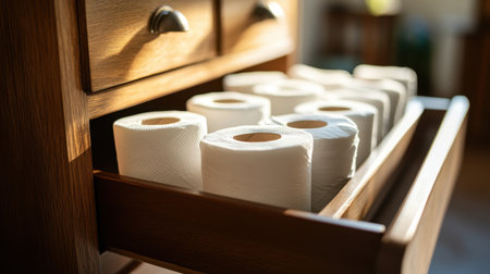 A bathroom drawer showcases a tidy arrangement of white toilet paper rolls in a rustic wooden vanity, capturing a serene and organized home environment.の素材