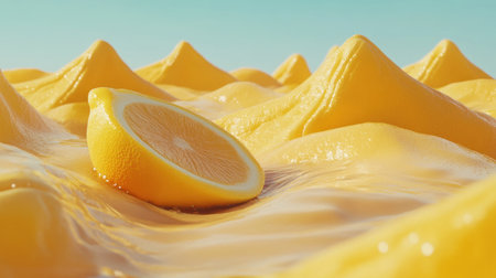 This image features a bold lemon slice atop a shiny yellow surface with soft peaks, creating a playful and refreshing atmosphere perfect for food or design themes.の素材