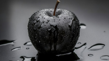 A stunning black apple adorned with water droplets, resting elegantly on a glossy surface. This image captures a unique blend of simplicity and sophistication, ideal for various creative projects.の素材