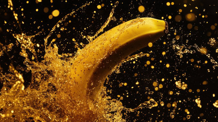 A captivating image of a yellow banana splashing through golden water droplets, set against a striking black background, showcasing dynamic motion and vibrant colors.の素材