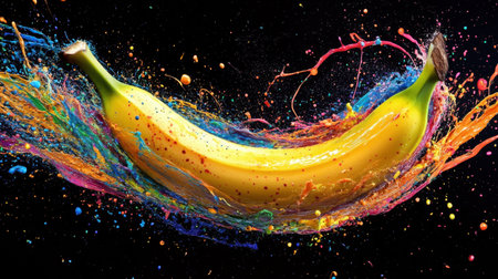 A bright yellow banana emerges from a burst of colorful paint splashes on a dark backdrop, showcasing creativity and vibrancy in food photography, inviting artistic exploration.の素材