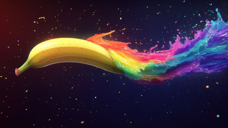 A stunning image of a banana creating a vibrant splash of rainbow liquid, representing creativity and joy against a dark background, perfect for designs celebrating color and fun.の素材