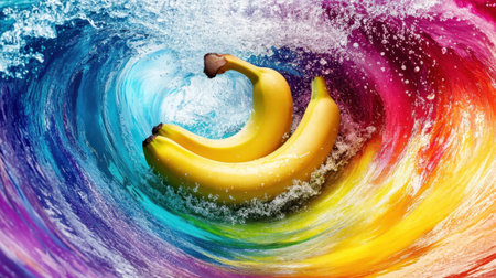 Experience the energetic splash of vibrant bananas amidst a colorful rainbow wave, perfect for fresh food presentations or colorful design projects.の素材