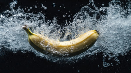 A vibrant yellow banana splashes into water, creating an explosion of bubbles and ripples. This captivating image showcases freshness and energy, perfect for healthy living themes.の素材