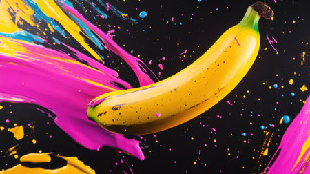 A striking image of a banana surrounded by colorful paint splashes, capturing the essence of creativity and fun, ideal for artistic food projects and vibrant designs.の素材
