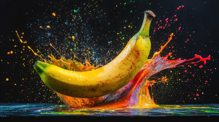 A striking photograph highlighting a banana splashing through a colorful liquid, creating an artistic and dynamic visual perfect for food and creative concepts in photography.の素材