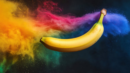 A striking depiction of a banana amidst a vibrant explosion of colorful powder, showcasing the interplay between fruit and artistic expression against a dark backdrop.の素材