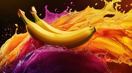 A stunning image of fresh bananas surrounded by a vibrant splash of colorful liquid, creating a dynamic and lively visual perfect for food and beverage concepts.の素材