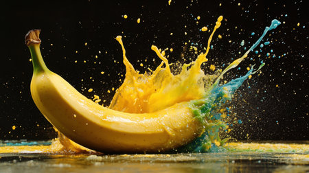 A stunning image of a banana surrounded by vibrant splashes of color, showcasing the beauty of fresh fruit with a captivating artistic twist that enhances its allure.の素材