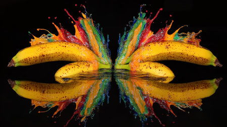 This stunning image features ripe bananas surrounded by a vibrant splash of colors, showcasing dynamic movement and reflecting beautifully against a black background.の素材