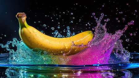 A stunning image of a yellow banana creating a colorful splash in water, set against a dark background, perfect for creative projects and marketing materials.の素材