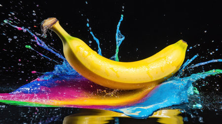 A dynamic and colorful image of a banana splashing in vibrant water creates a fresh and lively mood. Ideal for food and lifestyle themes or creative art projects.の素材