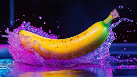 A stunning image of a fresh banana creating a dynamic splash in colorful water, showcasing vibrant colors against a dark backdrop, perfect for summer vibes and refreshing themes.の素材