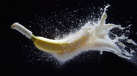 A stunning visual of a banana surrounded by splashes of milk creates a striking contrast against a dark background, embodying the essence of freshness and creative culinary artistry.の素材