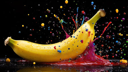 A stunning still life capture of a yellow banana bursting with colorful paint splashes, showcasing vibrant colors and dynamic movement against a dark backdrop. Perfect for artistic projects.の素材
