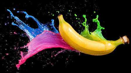 A fresh yellow banana surrounded by a dynamic splash of vibrant colors on a black background. This artful representation highlights energy and freshness in fruit photography.の素材