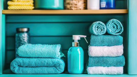 A visually appealing arrangement of soft turquoise towels and stylish bathroom accessories on a shelf, perfect for creating a serene home spa atmosphere.の素材