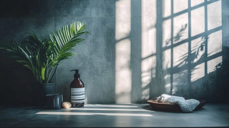 A tranquil bathroom scene featuring lush greenery and soft light creating a serene atmosphere. Perfect for wellness and relaxation themes in modern decor.の素材