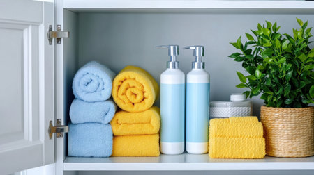 A stylish bathroom shelf displays colorful towels, elegant bottles of lotion and soap, and a charming plant, creating a refreshing and organized look for any home space.の素材