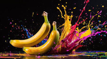 This striking image features two bananas amidst bright liquid paint splashes, creating a playful and energetic vibe. The colorful scene showcases creativity and freshness.の素材