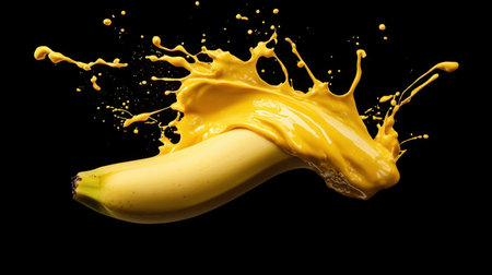 A vibrant image of a fresh banana with a bright yellow juice splash creating an eye-catching visual against a black background, suitable for food-related projects and creative designs.の素材