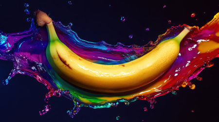 A visually striking image featuring a banana surrounded by a vibrant splash of colored water, celebrating freshness and creativity in food photography for various applications.の素材