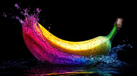 This striking image captures the lively splash of water around a banana, showcasing vibrant colors against a black background, ideal for food and creative projects.の素材