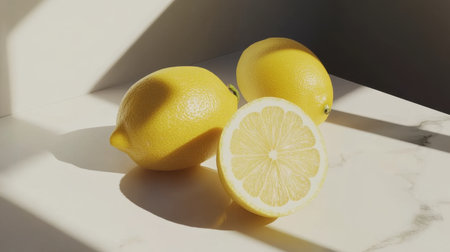 Bright and vibrant lemons lay on a marble surface, showcasing their fresh texture and inviting color. Ideal for culinary projects, health themes, and food photography.の素材