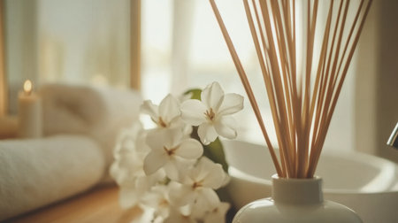 A beautiful arrangement featuring a reed diffuser, white flowers, fluffy towels, and a bathroom sink, creating a calming atmosphere perfect for relaxation and self-care.の素材