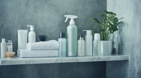 A serene bathroom shelf showcasing an array of spa essentials, including neatly arranged bottles, soft towels, and a touch of greenery, perfect for creating a calming atmosphere.の素材