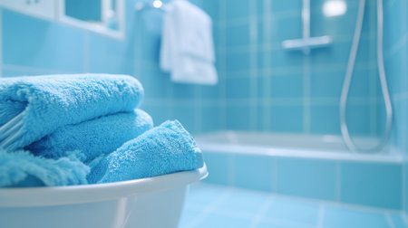 A serene bathroom scene showcasing soft blue towels neatly arranged, promoting a relaxing atmosphere with modern fixtures and a stylish design for daily comfort.の素材