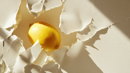 A stunning image of a bright yellow lemon breaking through torn white paper, capturing the essence of freshness and simplicity in a creative context.の素材