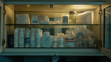 A serene and organized bathroom cabinet captures an array of skincare and beauty products. Soft lighting enhances the neat arrangement of bottles and jars for a tranquil personal care space.の素材