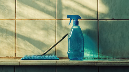 A blue spray bottle and brush sit on a tiled surface, illuminated by soft sunlight shadows, evoking a fresh and inviting cleaning atmosphere in a bathroom environment.の素材