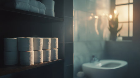 Enjoy a glimpse into a serene bathroom setting featuring neatly arranged towels and soft lighting, perfect for creating a calming home oasis.の素材