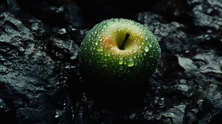 This captivating image features a fresh green apple adorned with water droplets, resting on a dark rocky surface, embodying freshness and natural beauty.の素材