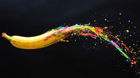 A striking image features a banana bursting with vibrant splashes of colorful paint, creating an energetic and playful visual against a sleek black background.の素材