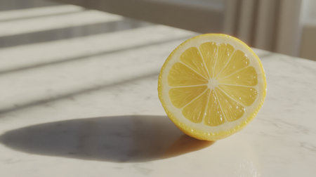 A beautifully sliced lemon rests on a marble surface, illuminated by natural light. This image depicts freshness and health, perfect for food-related themes and culinary use.の素材