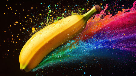 A striking image of a bright yellow banana surrounded by colorful splashes of paint, creating an energetic and playful atmosphere ideal for food, art, or creative projects.の素材