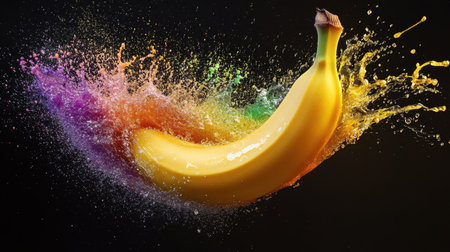 A visually striking image of a yellow banana creating a colorful splash of water against a dark backdrop, perfect for showcasing freshness and vitality in food-related designs.の素材