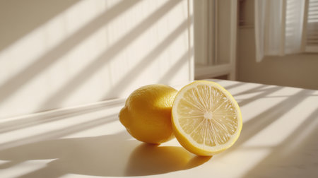 A fresh lemon halved sits on a light surface, casting soft shadows. This image captures the essence of freshness and vitality, ideal for culinary and wellness themes.の素材