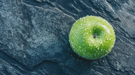 A vibrant green apple adorned with water droplets sits elegantly on a dark stone surface, symbolizing freshness and healthy eating choices in culinary arts.の素材