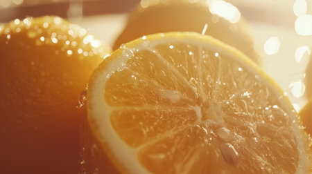 This image captures a close-up of juicy oranges, sliced to reveal their vibrant texture and freshness, beautifully lit by warm natural light, with droplets of water enhancing their appeal.の素材