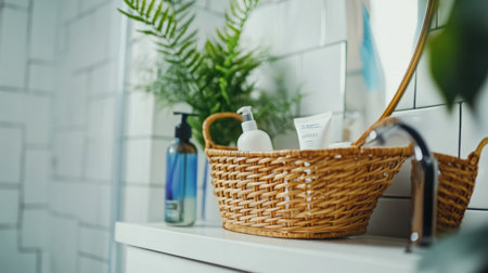 Aesthetic bathroom setup featuring skincare products in a wicker basket, complemented by lush greenery, creating a calming and organized space for daily routines.の素材