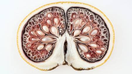 A stunning cross-section of a tropical fruit reveals its intricate seed structure and vibrant colors, ideal for showcasing natureの素材