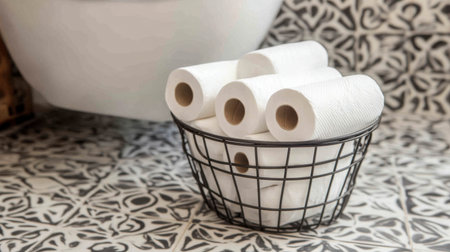 A stylish wire basket holds neatly arranged toilet paper rolls, showcasing a modern bathroom floor design. Perfect for enhancing organization and aesthetics in home interiors.の素材