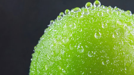 A vibrant green apple surfaces with glistening water droplets, highlighting the freshness and natural beauty of the fruit against a dark background, perfect for health-focused themes.の素材