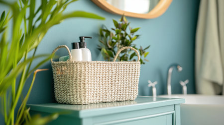A stylish bathroom setup showcasing a woven basket filled with toiletries next to lush green plants, enhancing the serene and inviting atmosphere in the space.の素材