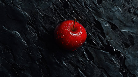 A stunning close-up of a fresh red apple with water droplets resting on a dark slate surface, showcasing its vibrant color and natural beauty, ideal for food photography and healthy lifestyle themes.の素材